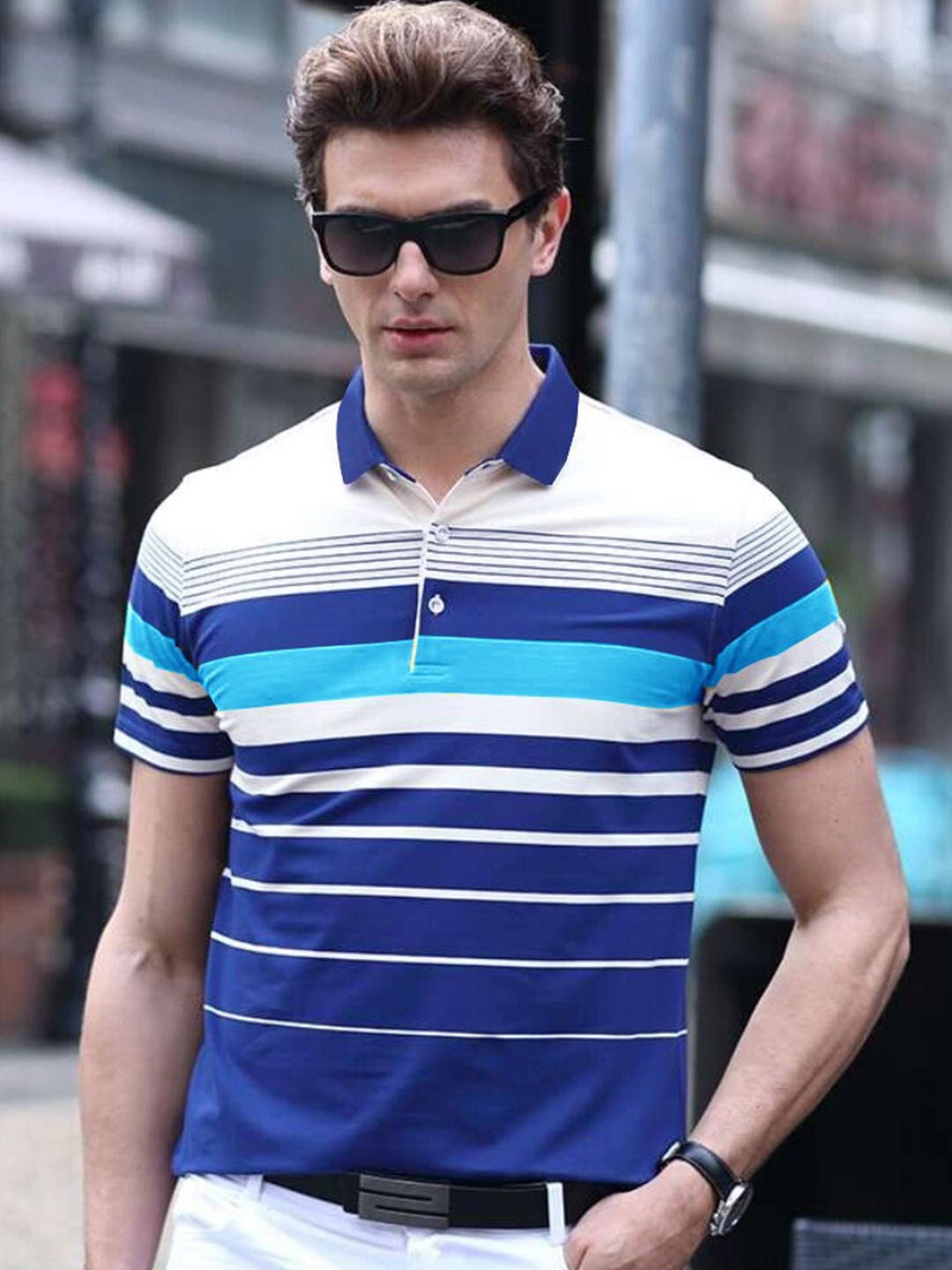 

Eyebogler Striped Polo Collar Cotton T-shirt, Blue