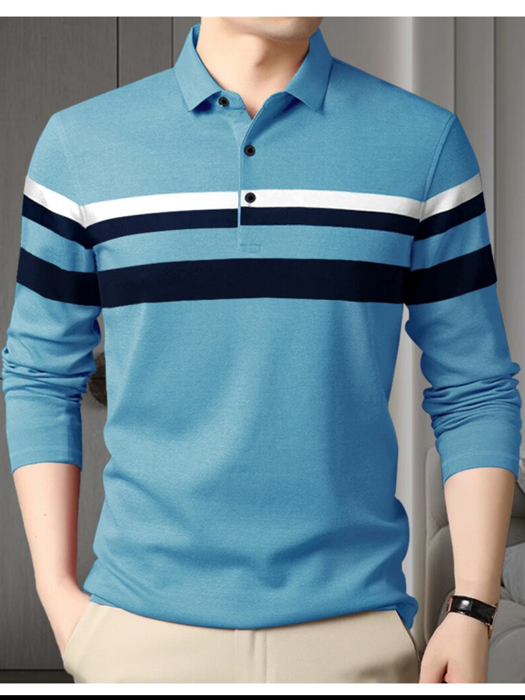 

Eyebogler Striped Polo Collar Long Sleeve Cotton T-shirt, Blue