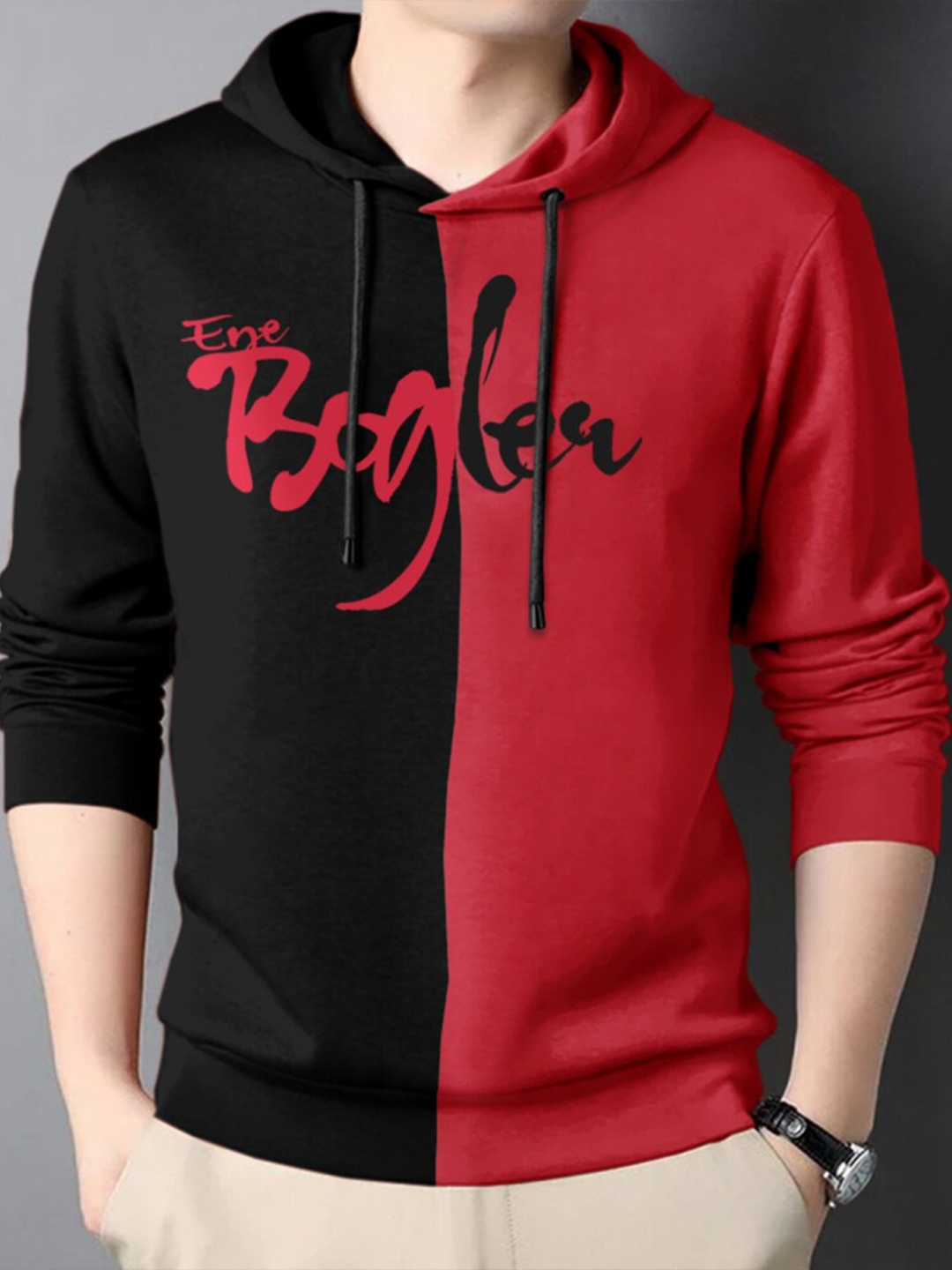 

Eyebogler Colourblocked Hooded Long Sleeve Cotton T-shirt, Red