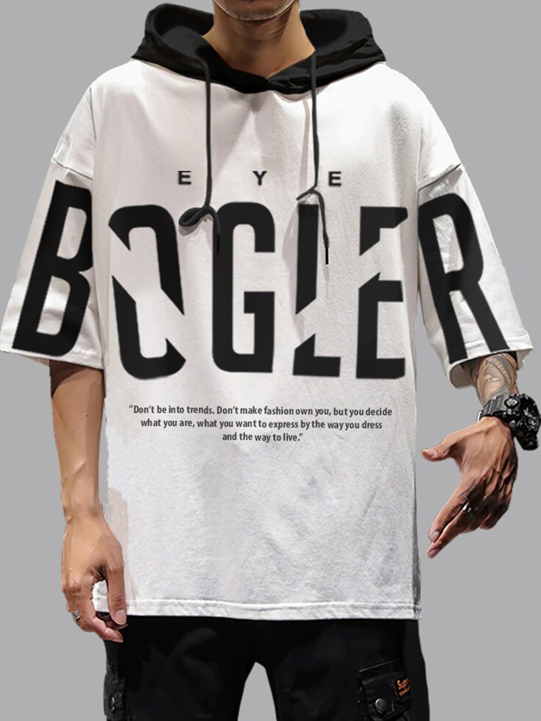 

Eyebogler Typography Printed Hooded Drop-Shoulder Cotton Oversize T-shirt, White