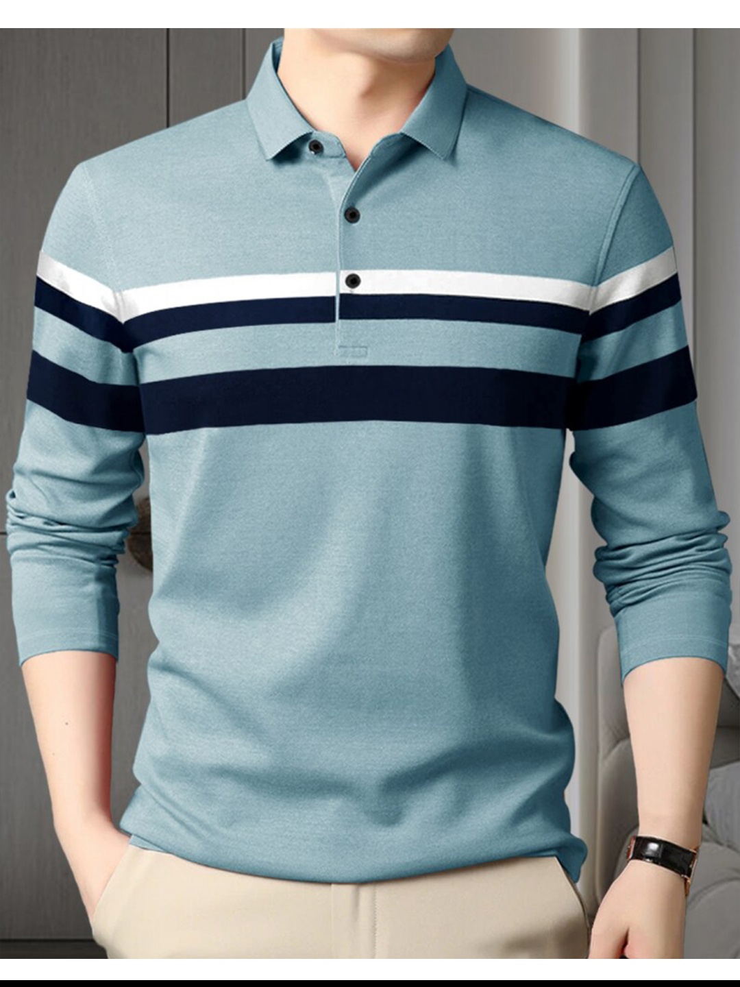 

Eyebogler Striped Full Sleeve Cotton Polo T-shirt, Blue