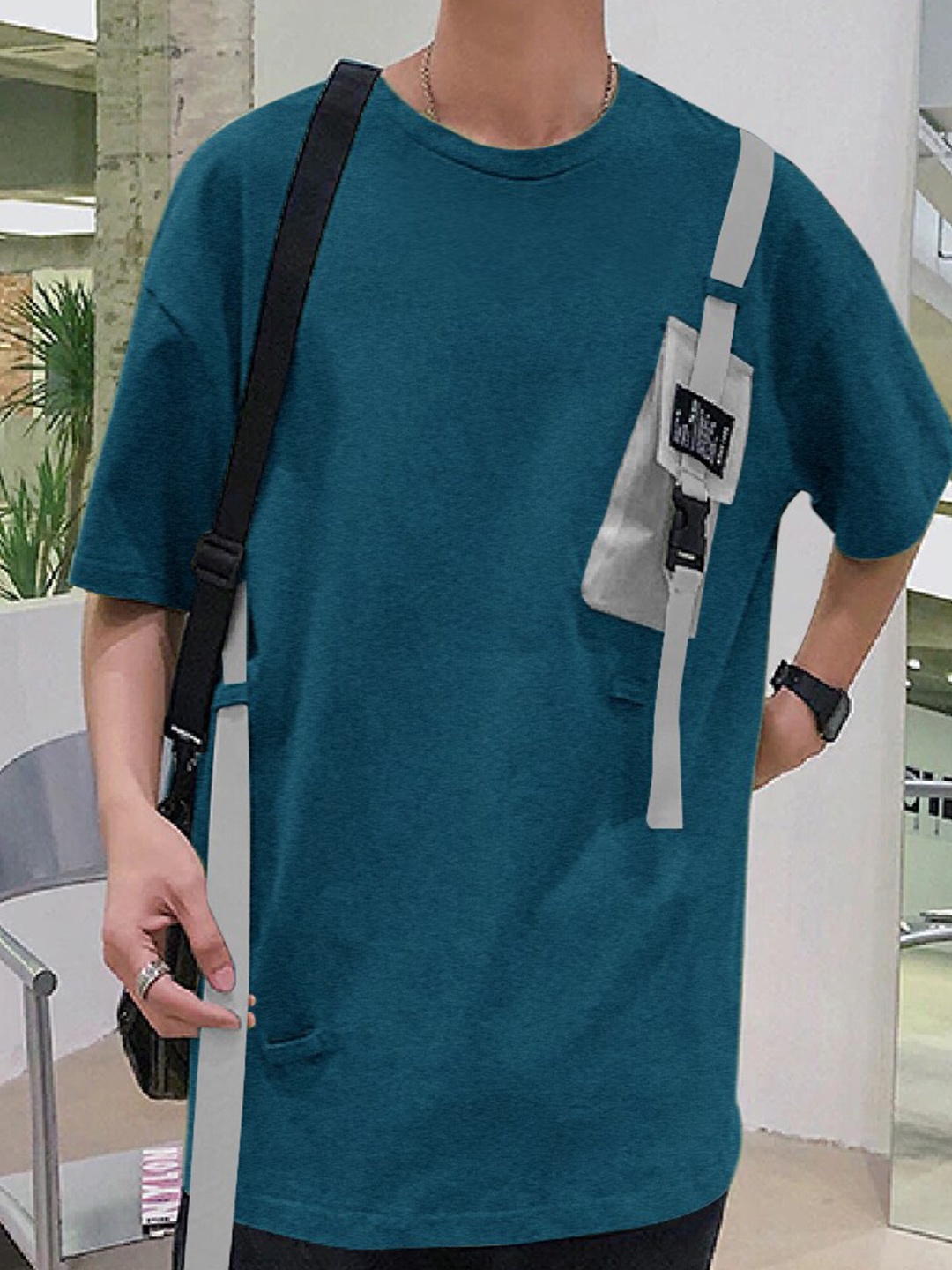 

Eyebogler Drop Shoulder Pocket Detailing Cotton Loose T-shirt, Teal