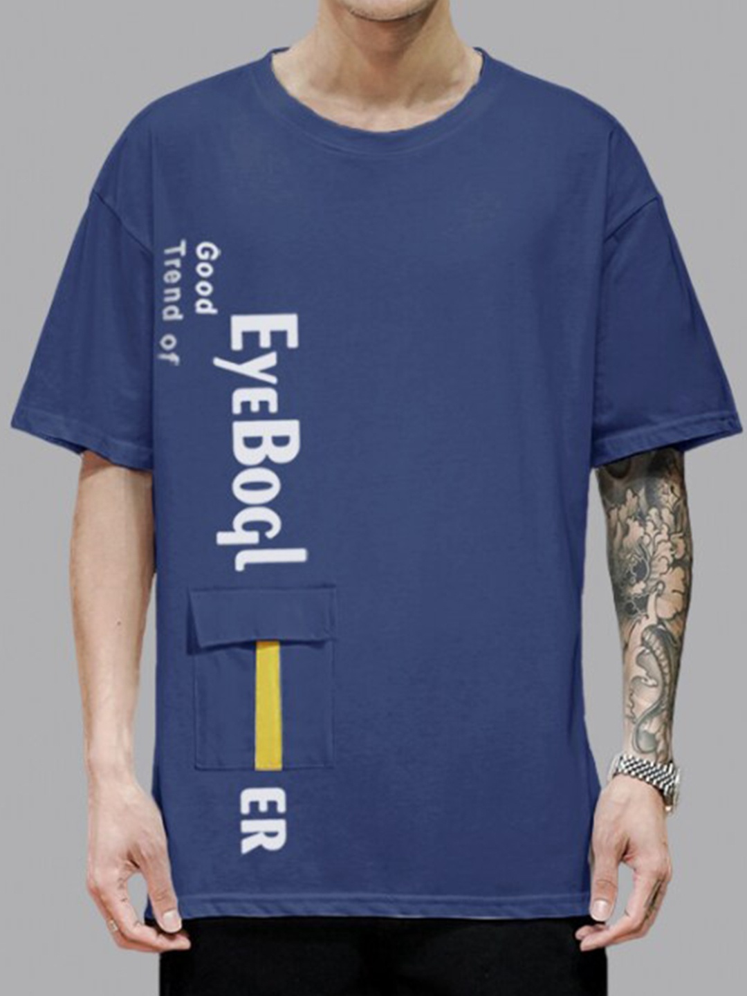 

Eyebogler Typography Printed Drop-Shoulder Cotton Oversize T-shirt, Blue