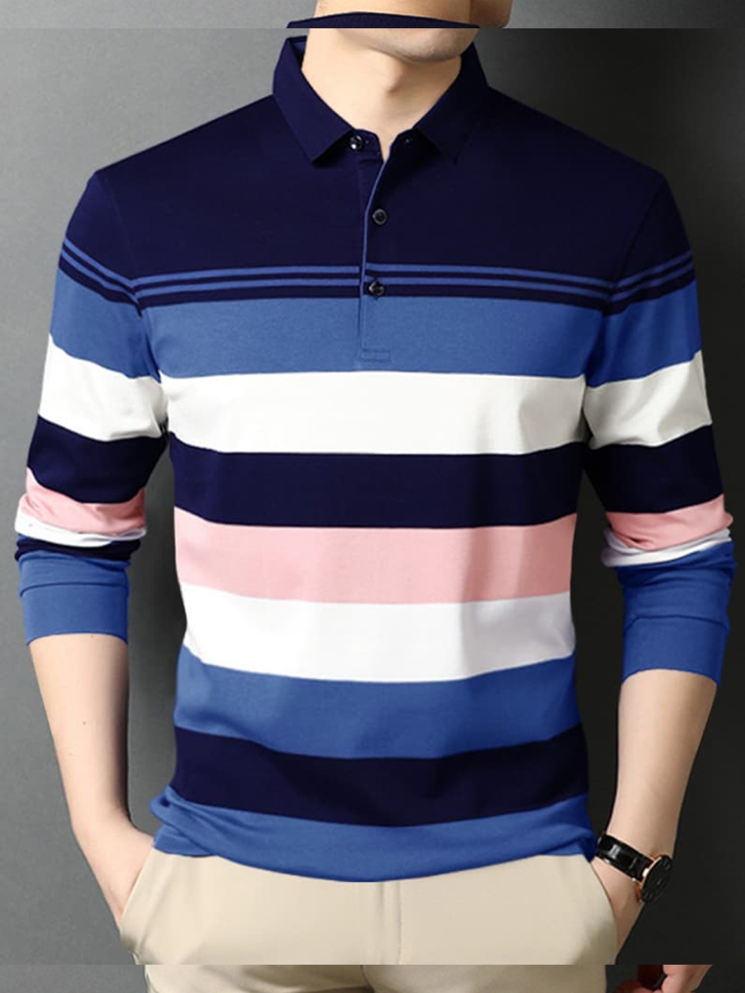 

Eyebogler Striped Polo Collar Long Sleeve Cotton T-shirt, Navy blue