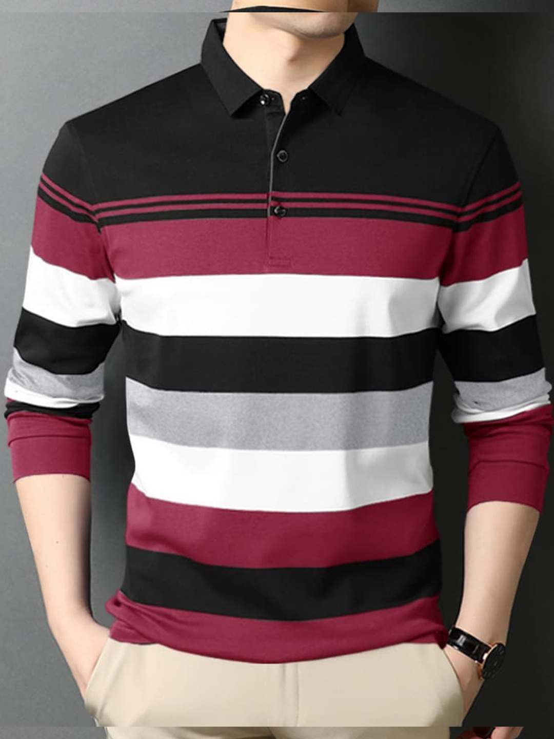 

Eyebogler Striped Polo Collar Long Sleeve Cotton T-shirt, Pink