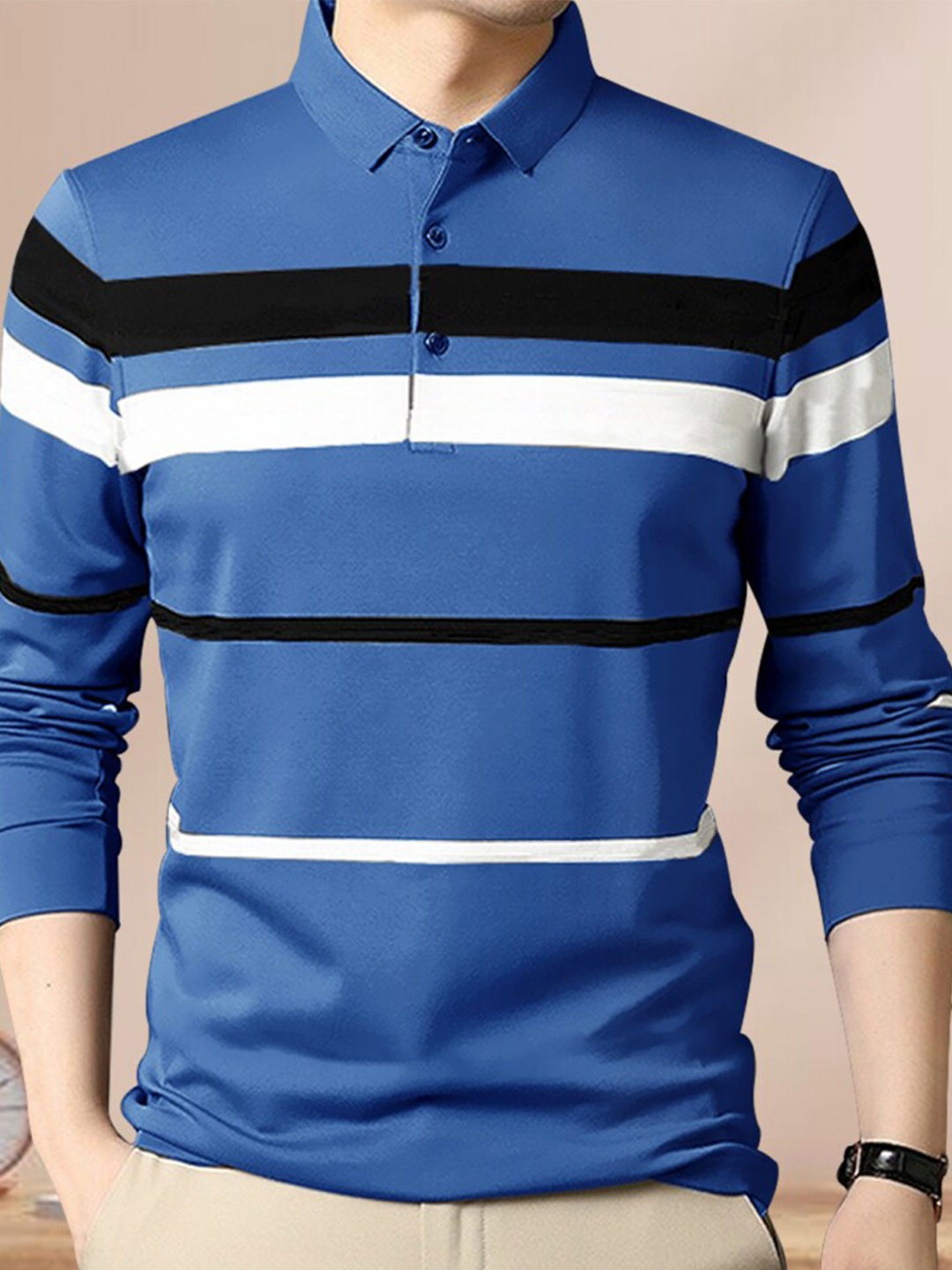 

Eyebogler Striped Polo Collar Long Sleeve Cotton T-shirt, Blue