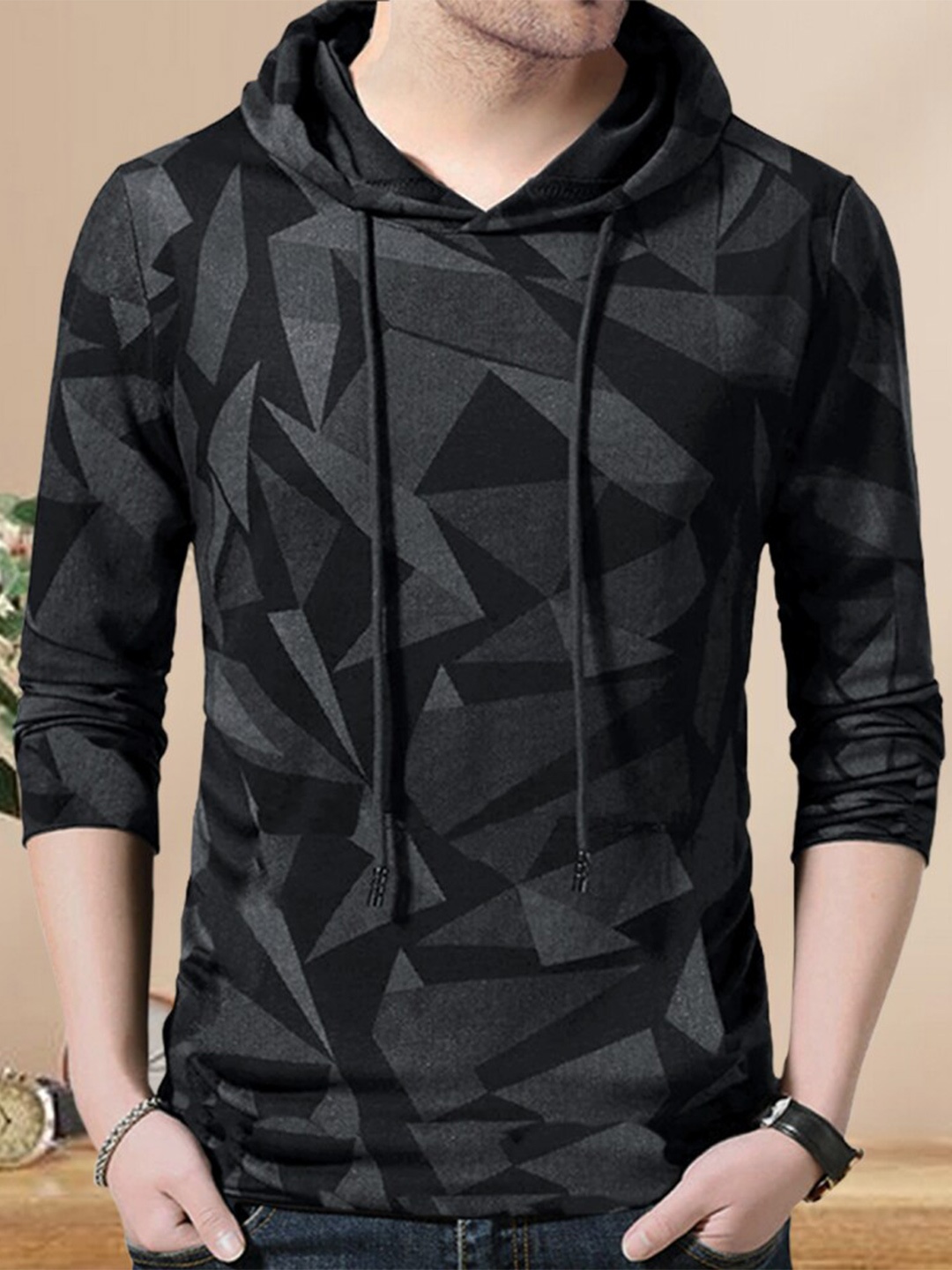 

Eyebogler Geometric Printed Hooded Cotton T-shirt, Black