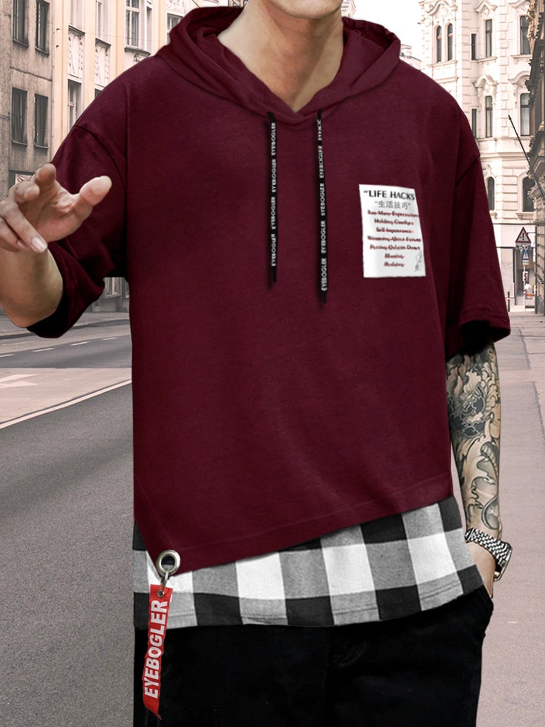

Eyebogler Hooded Drop-Shoulder Cotton Loose T-shirt, Maroon