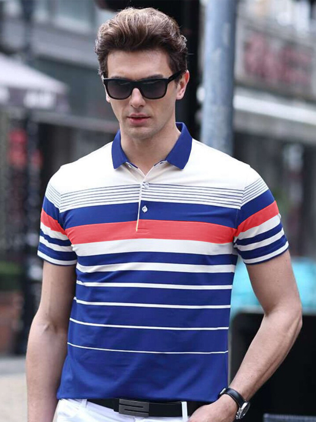 

Eyebogler Striped Polo Collar Cotton T-shirt, White