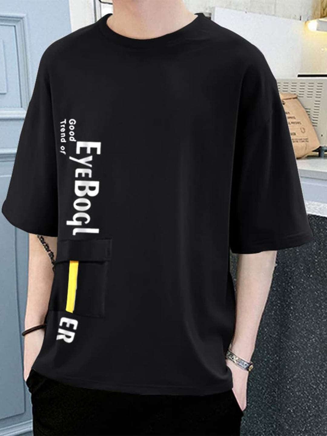 

Eyebogler Typography Drop-Shoulder Sleeves Oversize Cotton T-shirt, Black