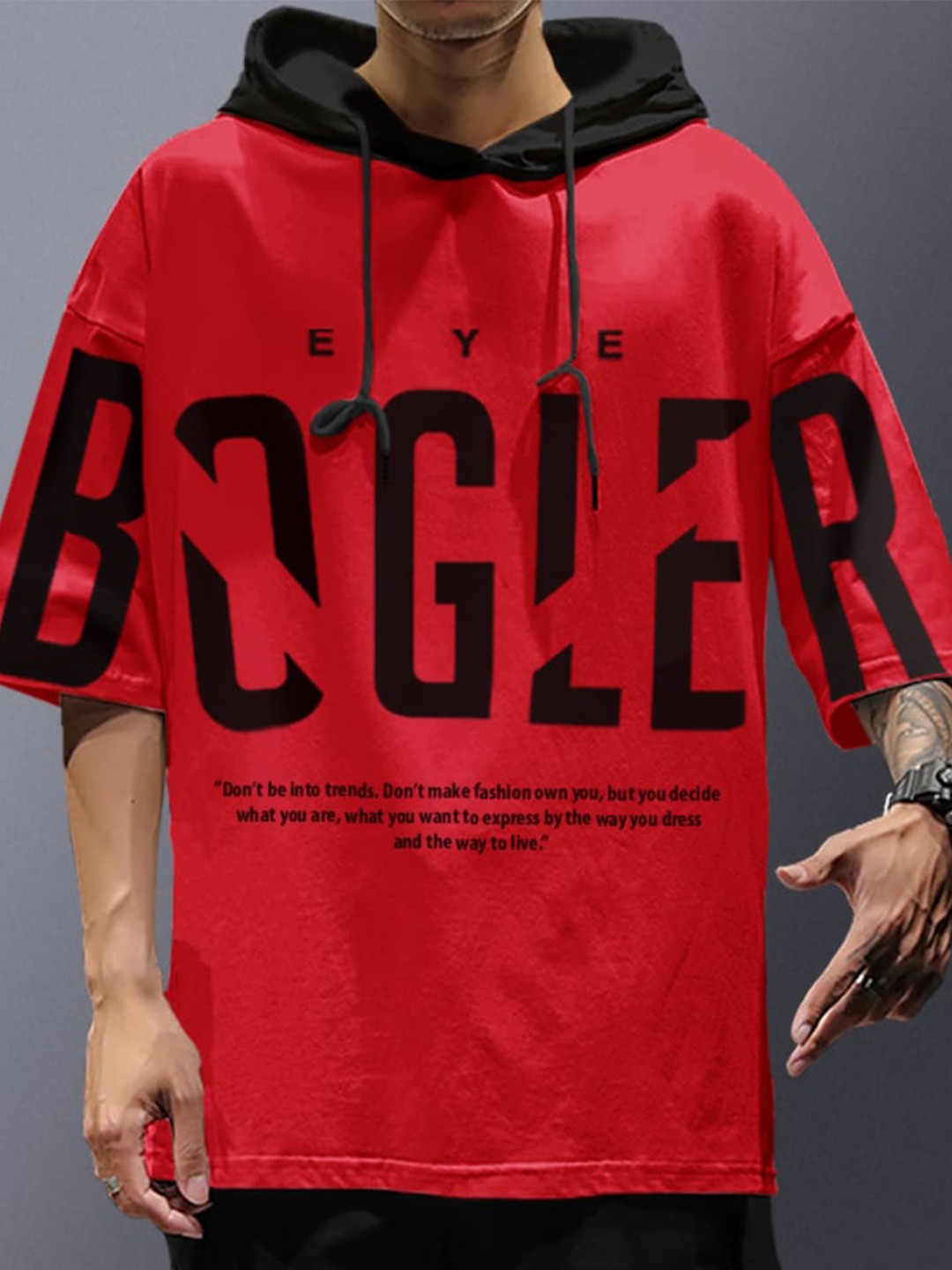 

Eyebogler Typography Printed Hooded Drop-Shoulder Cotton Oversize T-shirt, Red