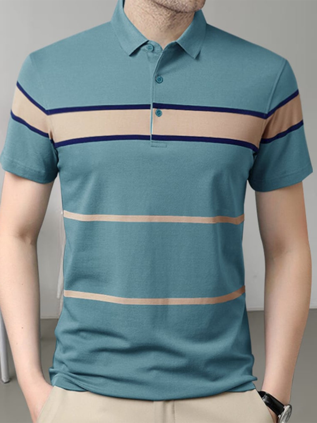 

Eyebogler Striped Polo Collar Cotton T-shirt, Blue