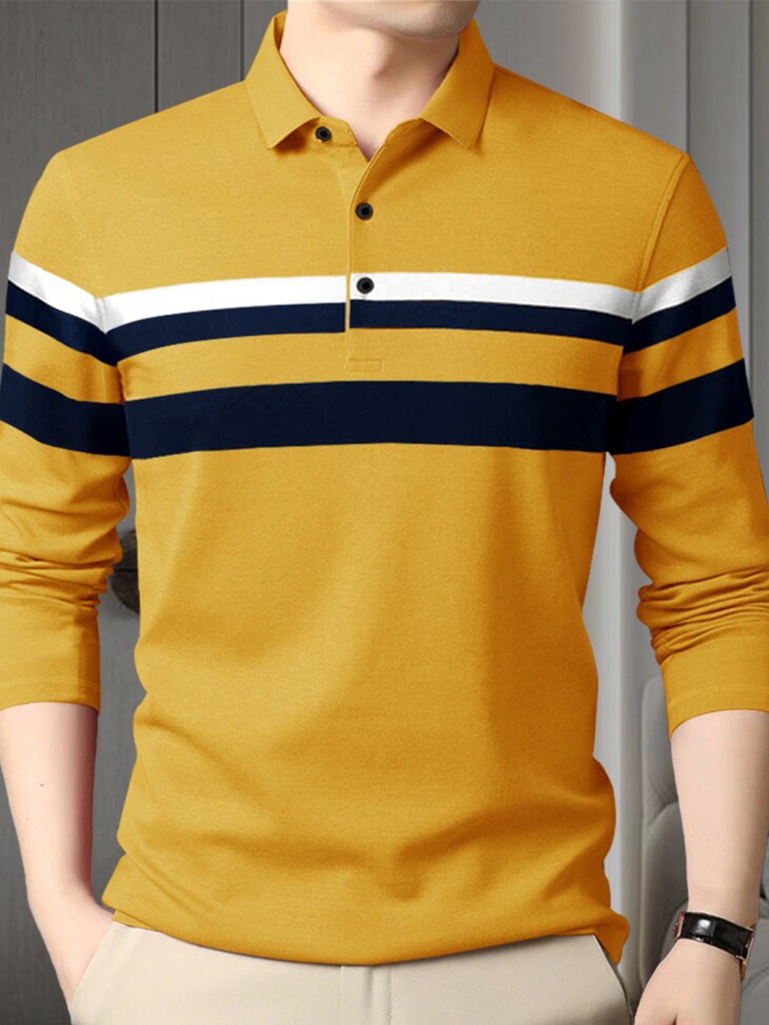 

Eyebogler Striped Full Sleeve Cotton Polo T-shirt, Yellow