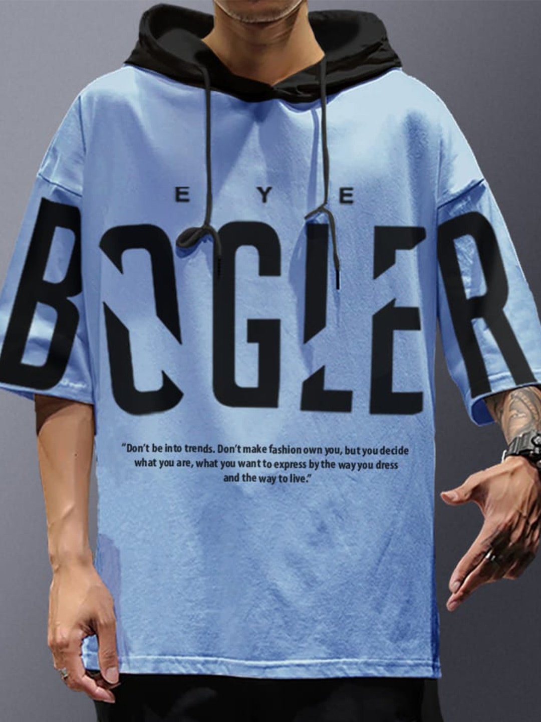

Eyebogler Typography Hooded Oversized Cotton T-shirt, Blue