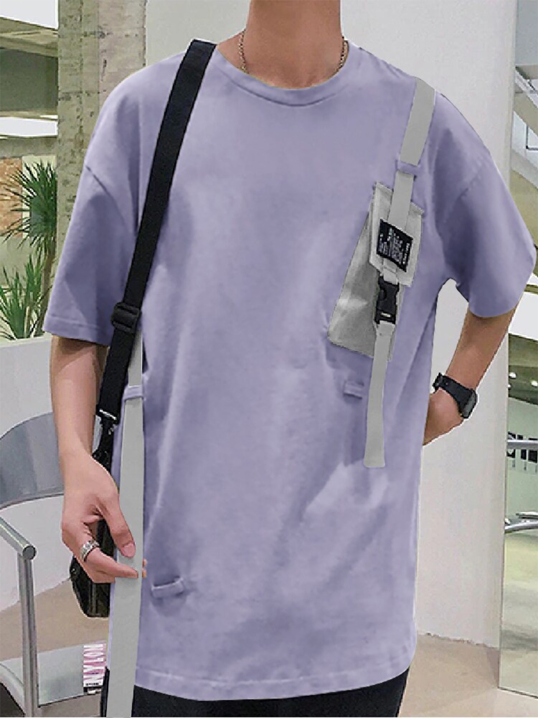 

Eyebogler Drop Shoulder Pocket Detailing Cotton Loose T-shirt, Purple