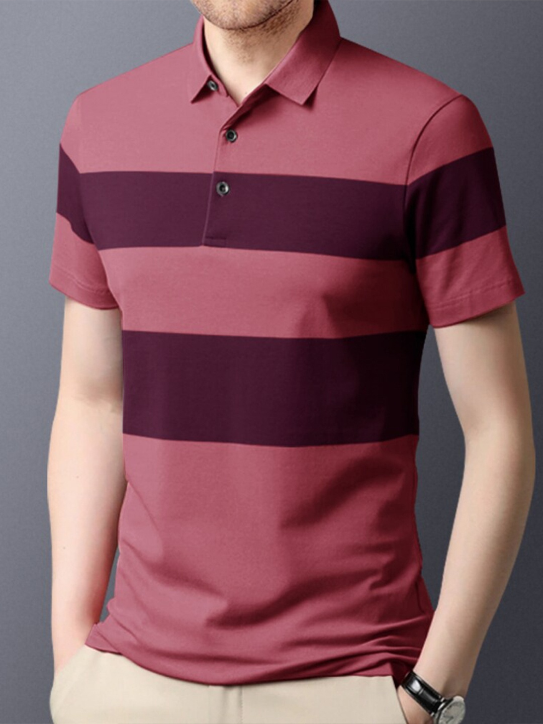 

Eyebogler Striped Polo Collar Cotton T-shirt, Pink