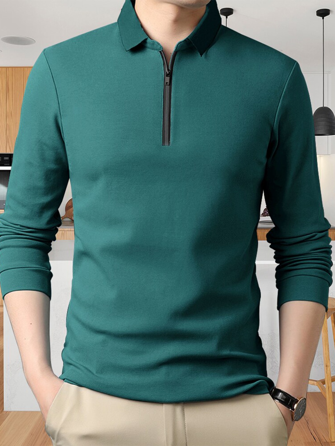 

Eyebogler Polo Collar Long Sleeve Cotton T-shirt, Green