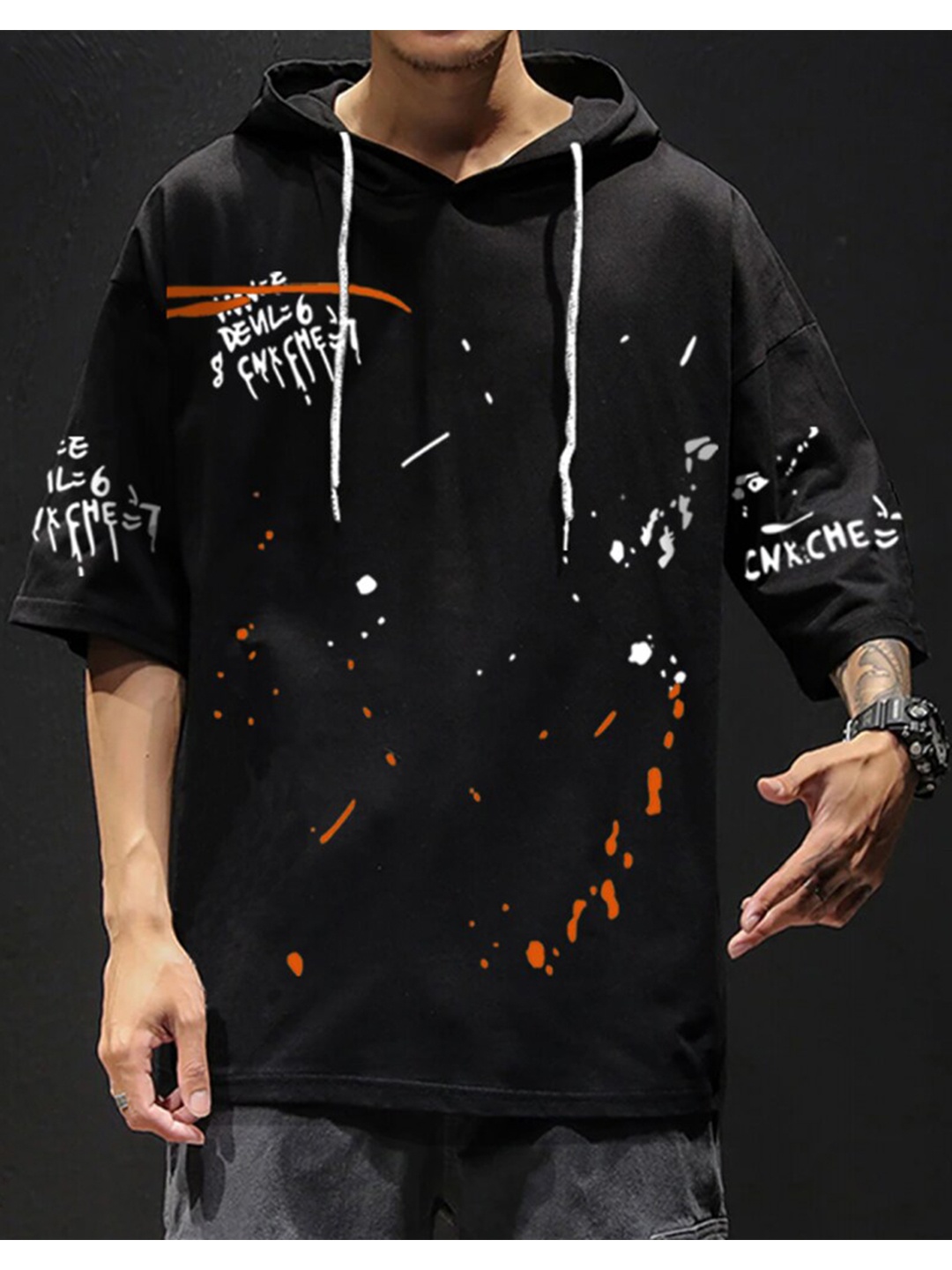 

Eyebogler Abstract Printed Hooded Oversized Cotton T-shirt, Black