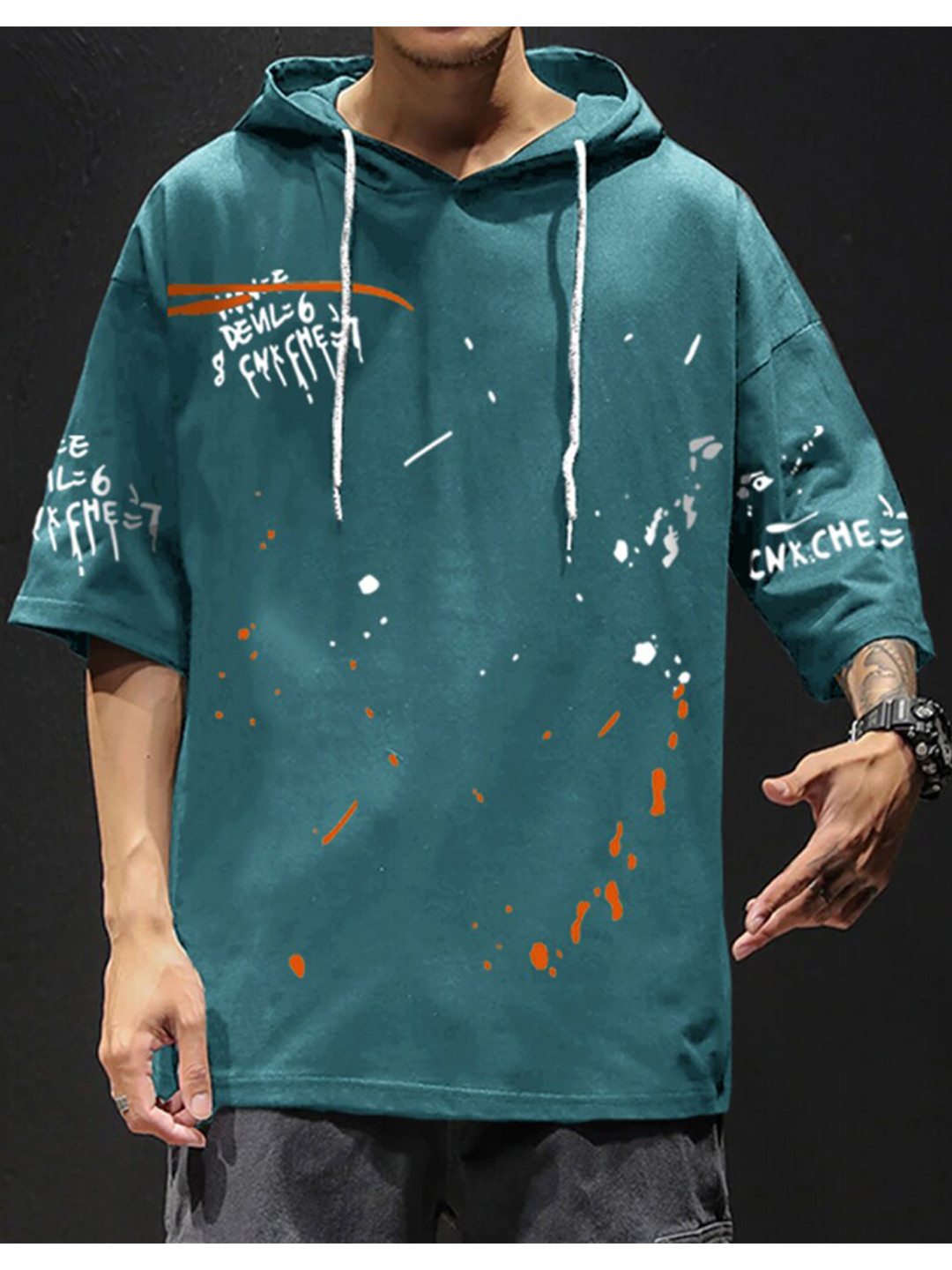 

Eyebogler Abstract Printed Hooded Oversized Cotton T-shirt, Green
