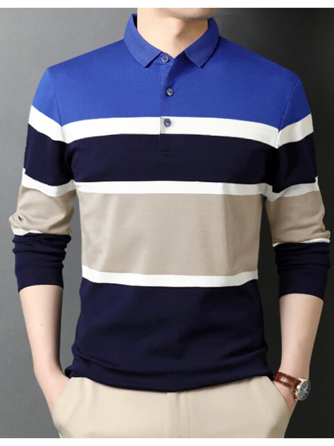 

Eyebogler Striped Polo Collar Long Sleeve Cotton T-shirt, Navy blue