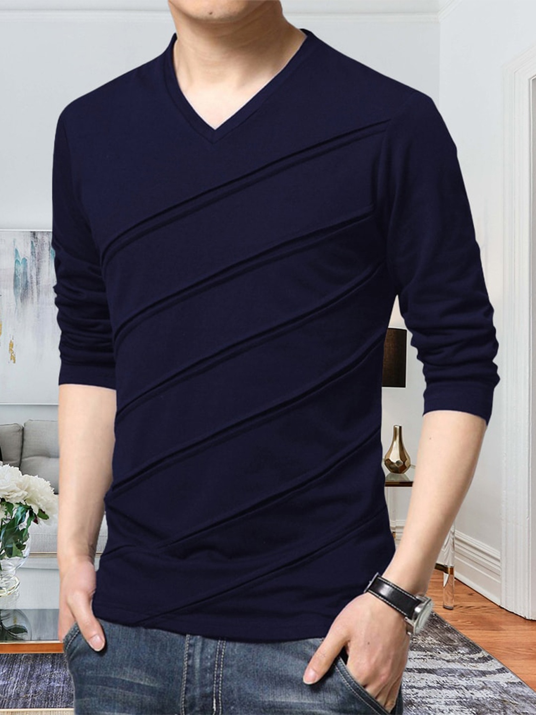 

Eyebogler Self Design V-Neck Long Sleeve Cotton T-shirt, Navy blue