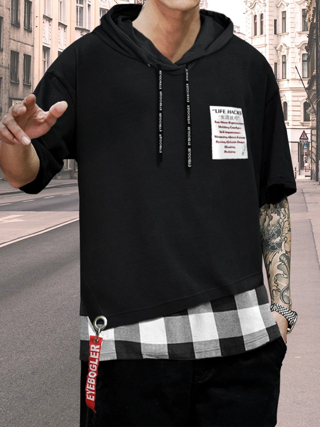 

Eyebogler Typography Printed Hooded Drop-Shoulder Cotton Oversize T-shirt, Black
