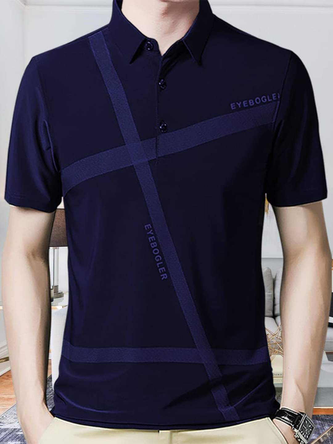 

Eyebogler Typography Printed Polo Collar Cotton T-shirt, Navy blue