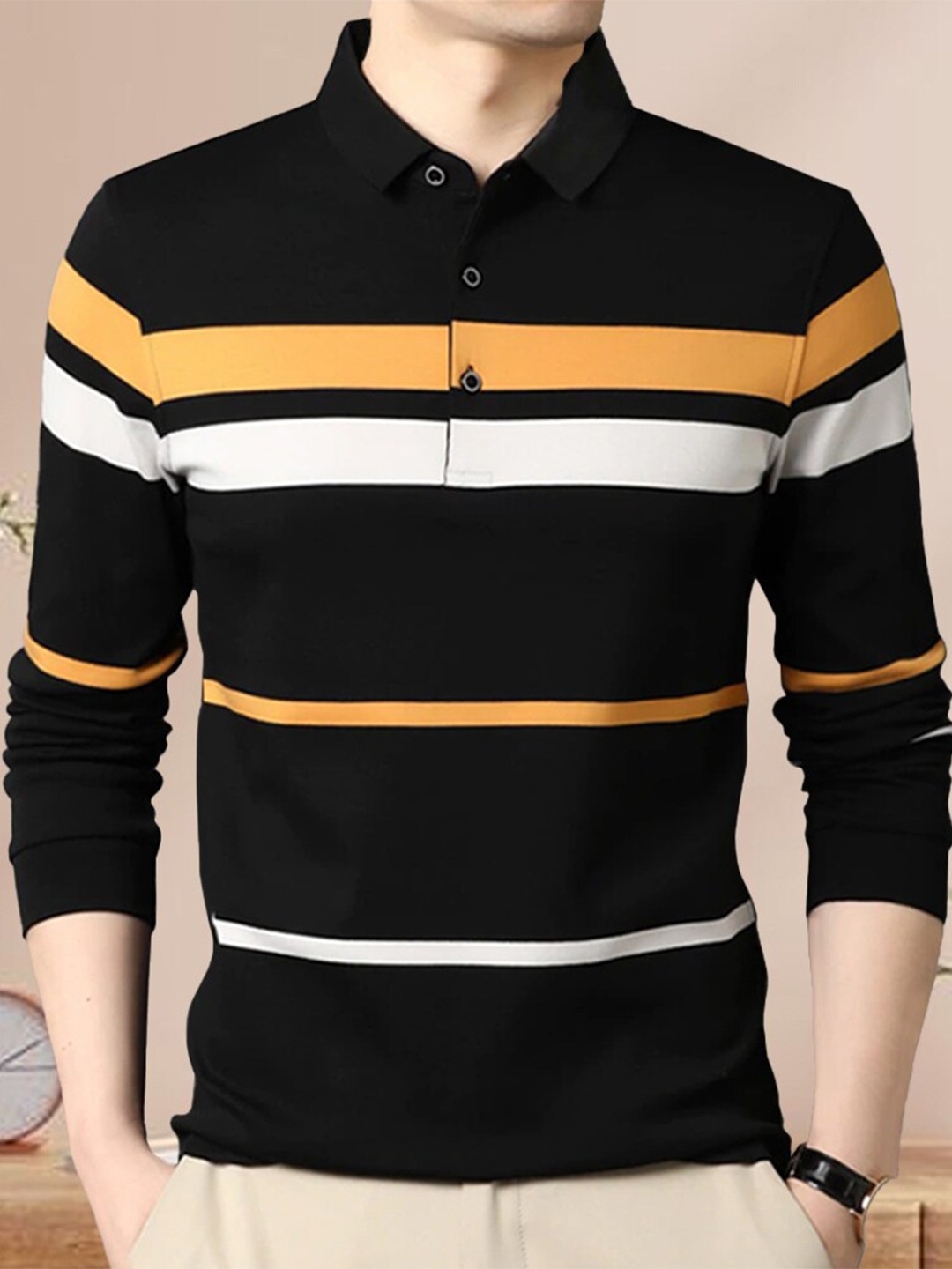 

Eyebogler Striped Polo Collar Cotton T-shirt, Black