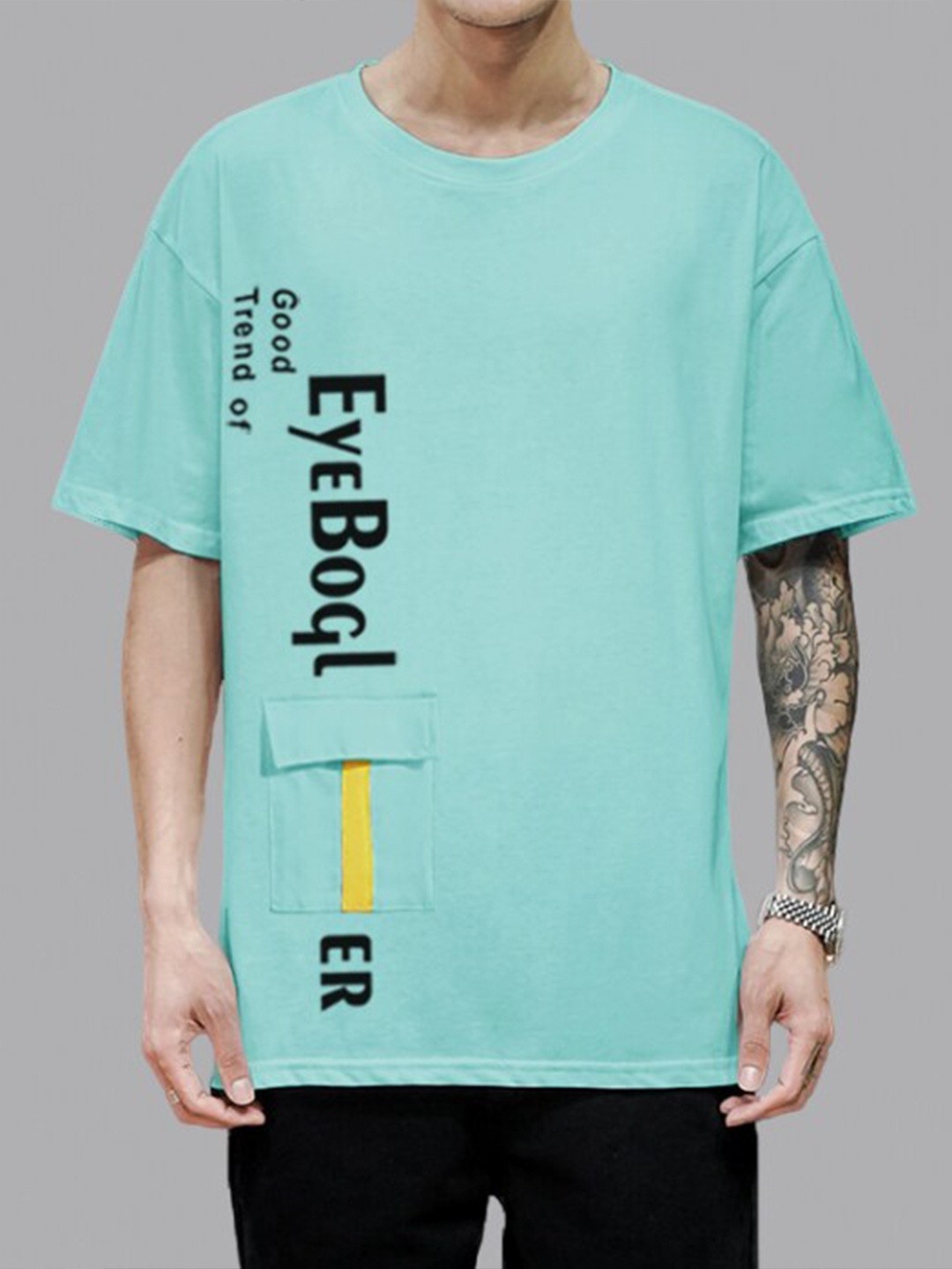 

Eyebogler Round Neck Typography Printed Cotton Oversize T-shirt, Turquoise blue