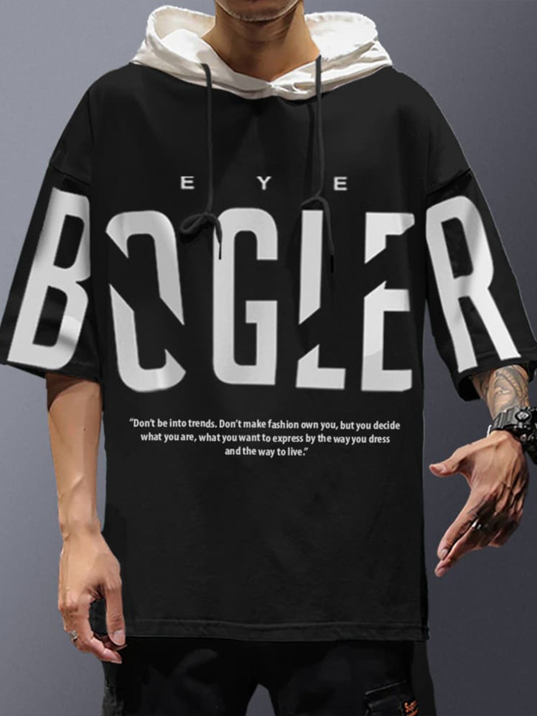 

Eyebogler Hooded Typography Printed Cotton Oversize T-shirt, Black
