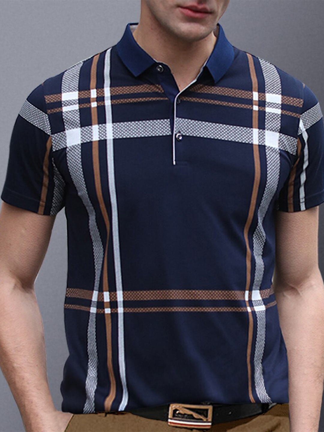 

Eyebogler Polo Collar Checked Cotton T-shirt, Navy blue