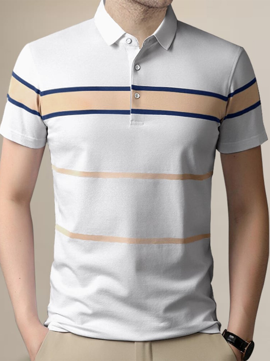

Eyebogler Striped Polo Collar Cotton T-shirt, White