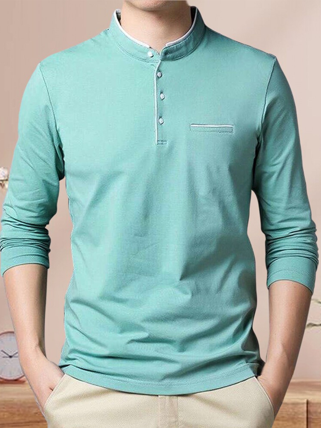 

Eyebogler Mandarin Collar Long Sleeve Cotton T-shirt, Turquoise blue