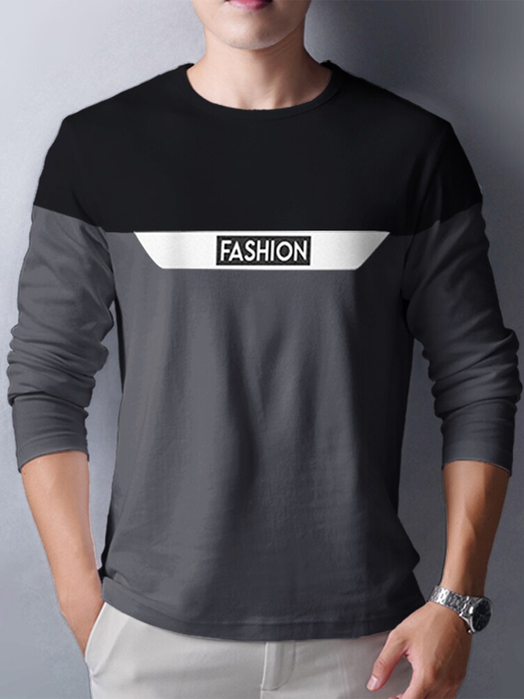 

Eyebogler Round Neck Colourblocked Cotton T-shirt, Charcoal