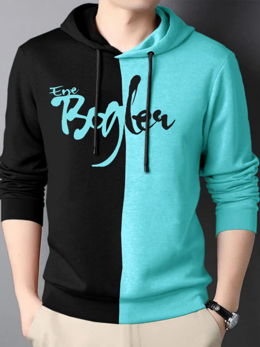 

Eyebogler Hooded Typography Printed Cotton T-shirt, Turquoise blue
