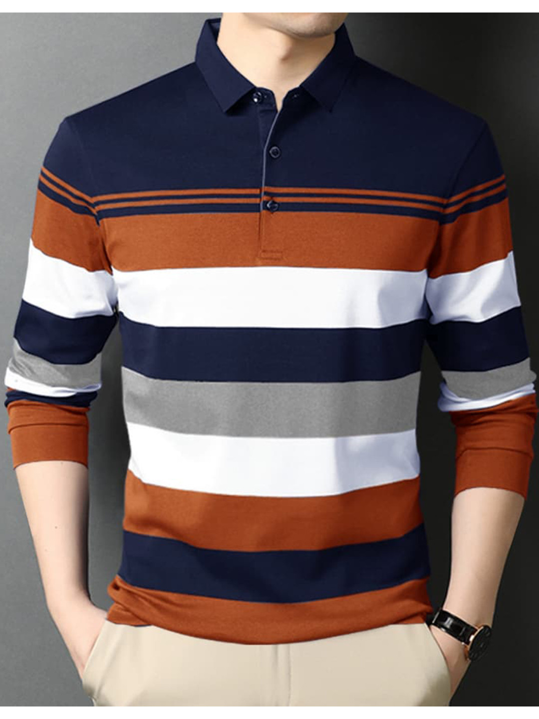 

Eyebogler Striped Full Sleeve Cotton Polo T-shirt, Rust