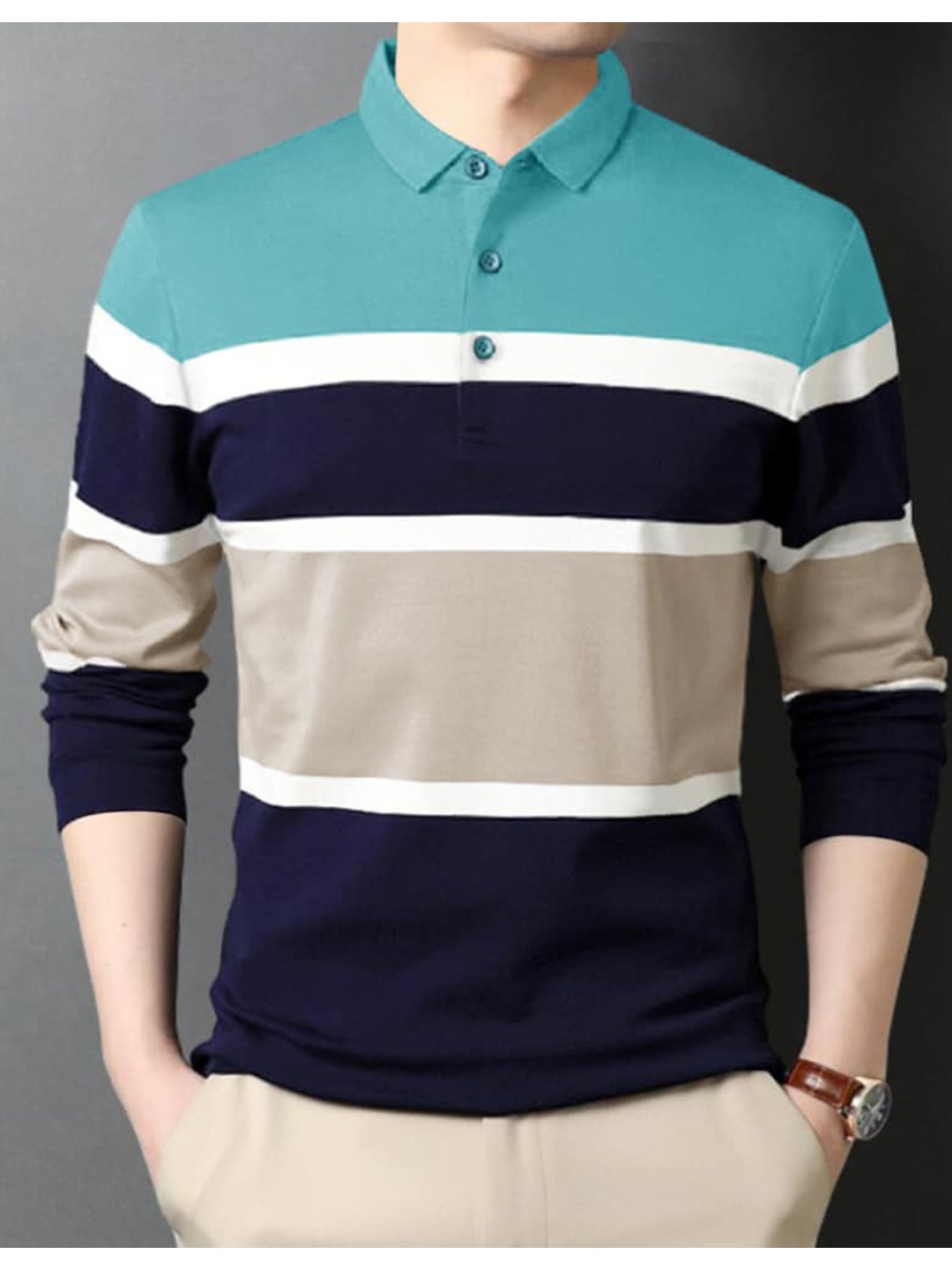 

Eyebogler Striped Polo Collar Long Sleeve Cotton T-shirt, Navy blue