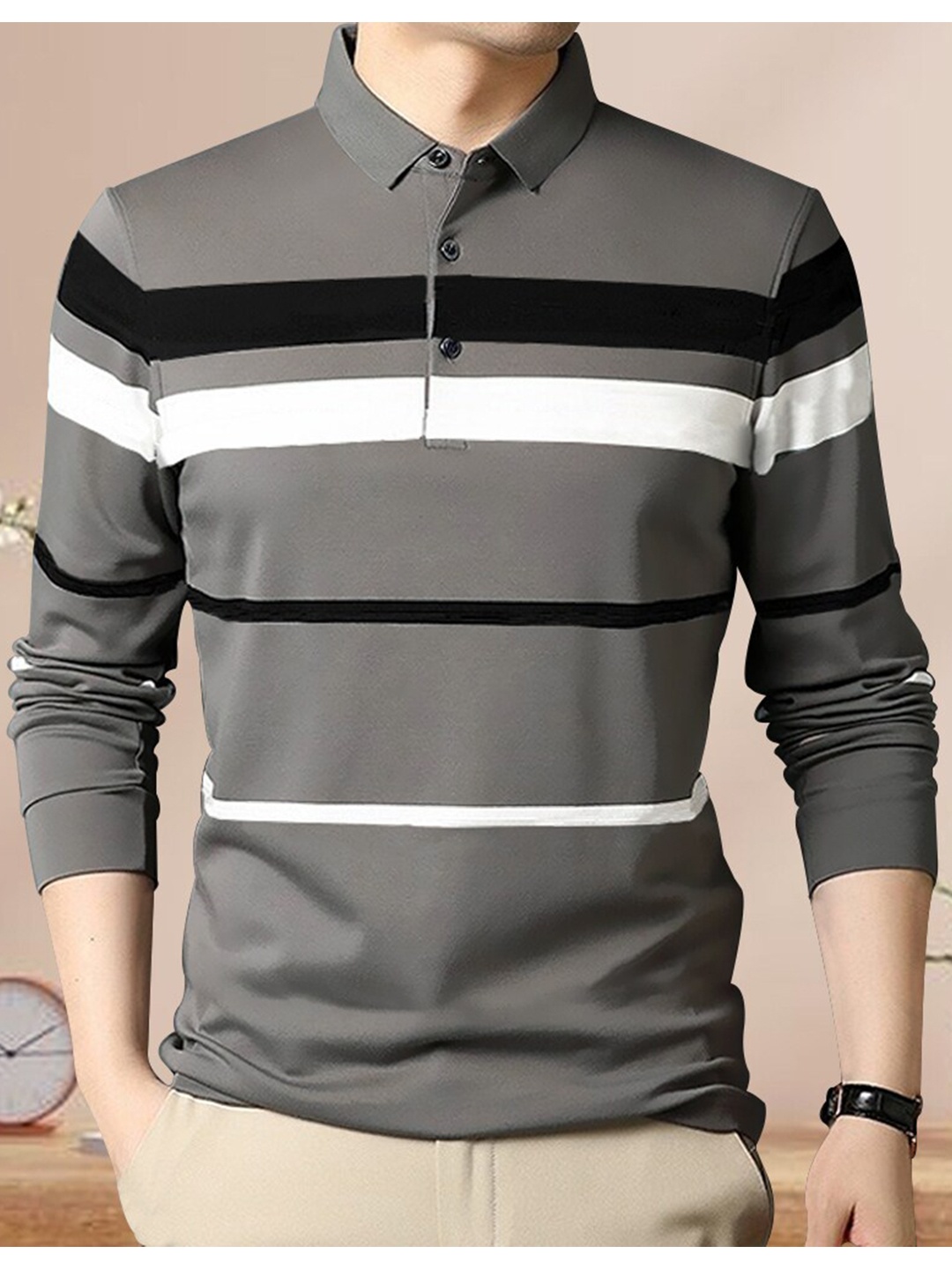 

Eyebogler Striped Polo Collar Long Sleeve Cotton T-shirt, Grey