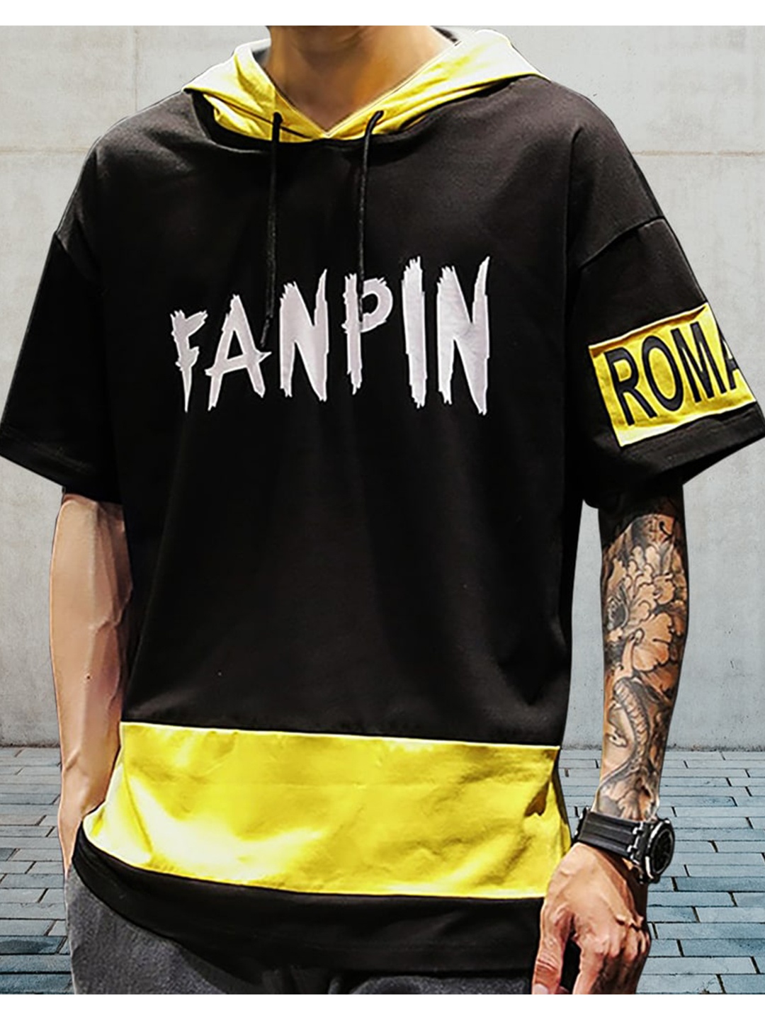 Eyebogler Typography Printed Hooded Drop-Shoulder Cotton Oversize T-shirt, Black