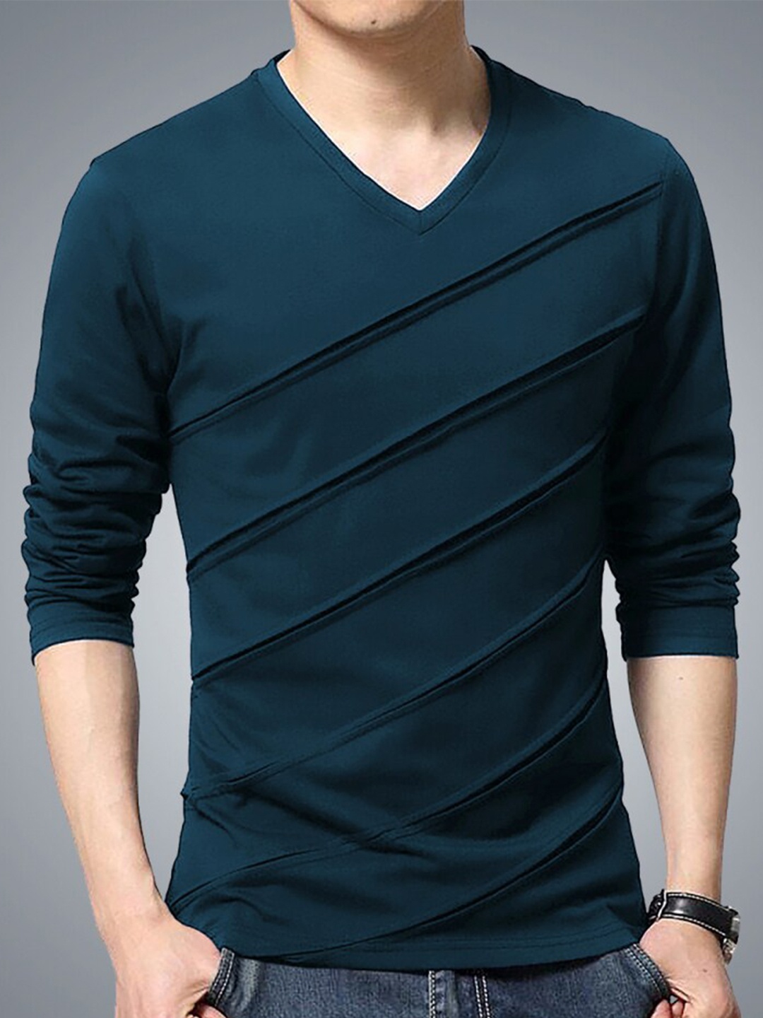 

Eyebogler Self Design V-Neck Long Sleeve Cotton T-shirt, Teal
