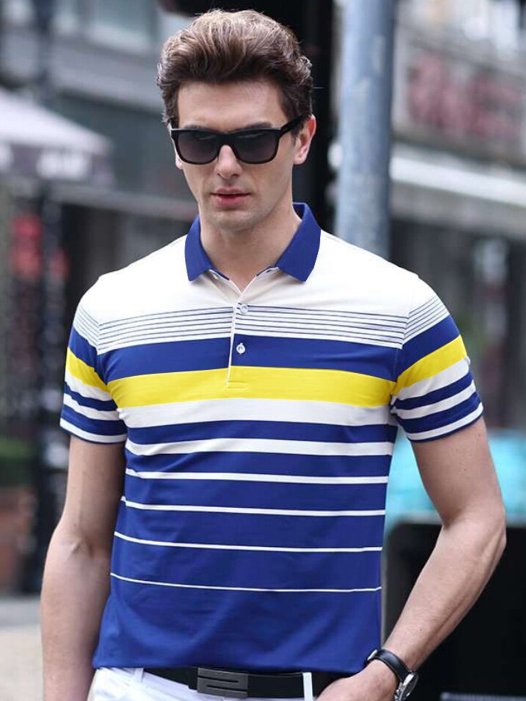 

Eyebogler Polo Collar Striped Cotton T-shirt, White