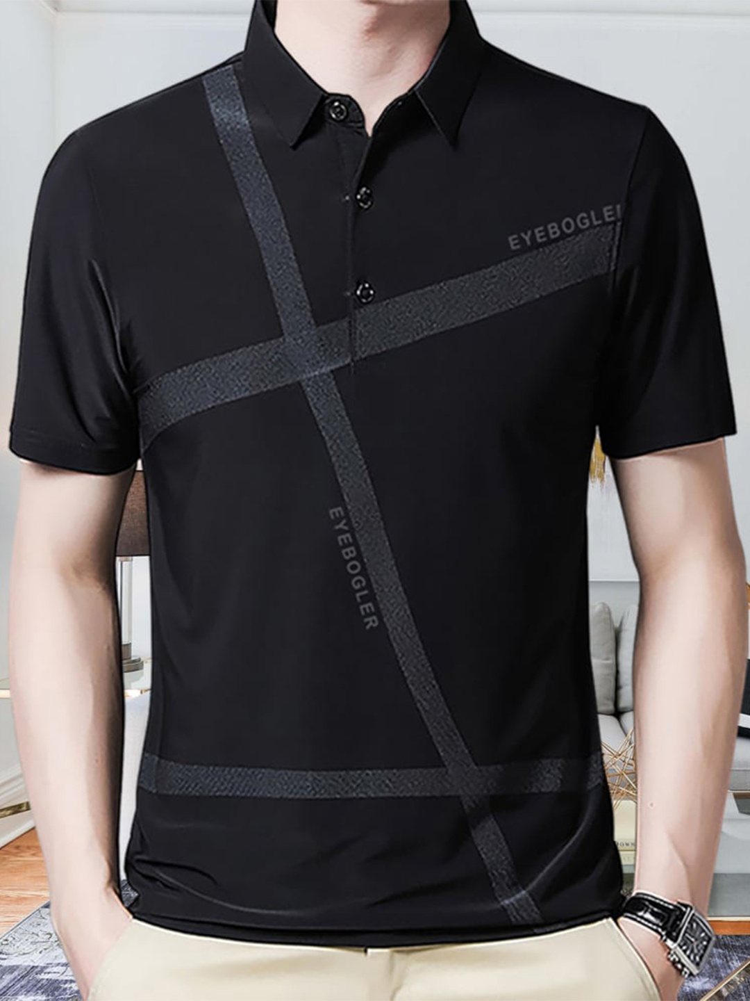 

Eyebogler Striped Polo Collar Cotton T-shirt, Black
