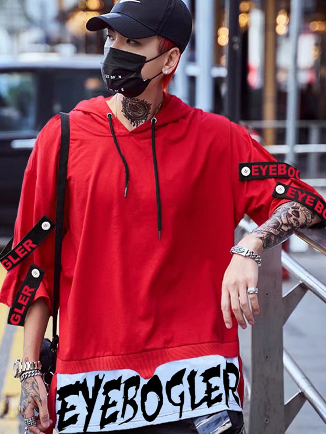 

Eyebogler Typography Printed Hooded Drop-Shoulder Cotton Oversize T-shirt, Red
