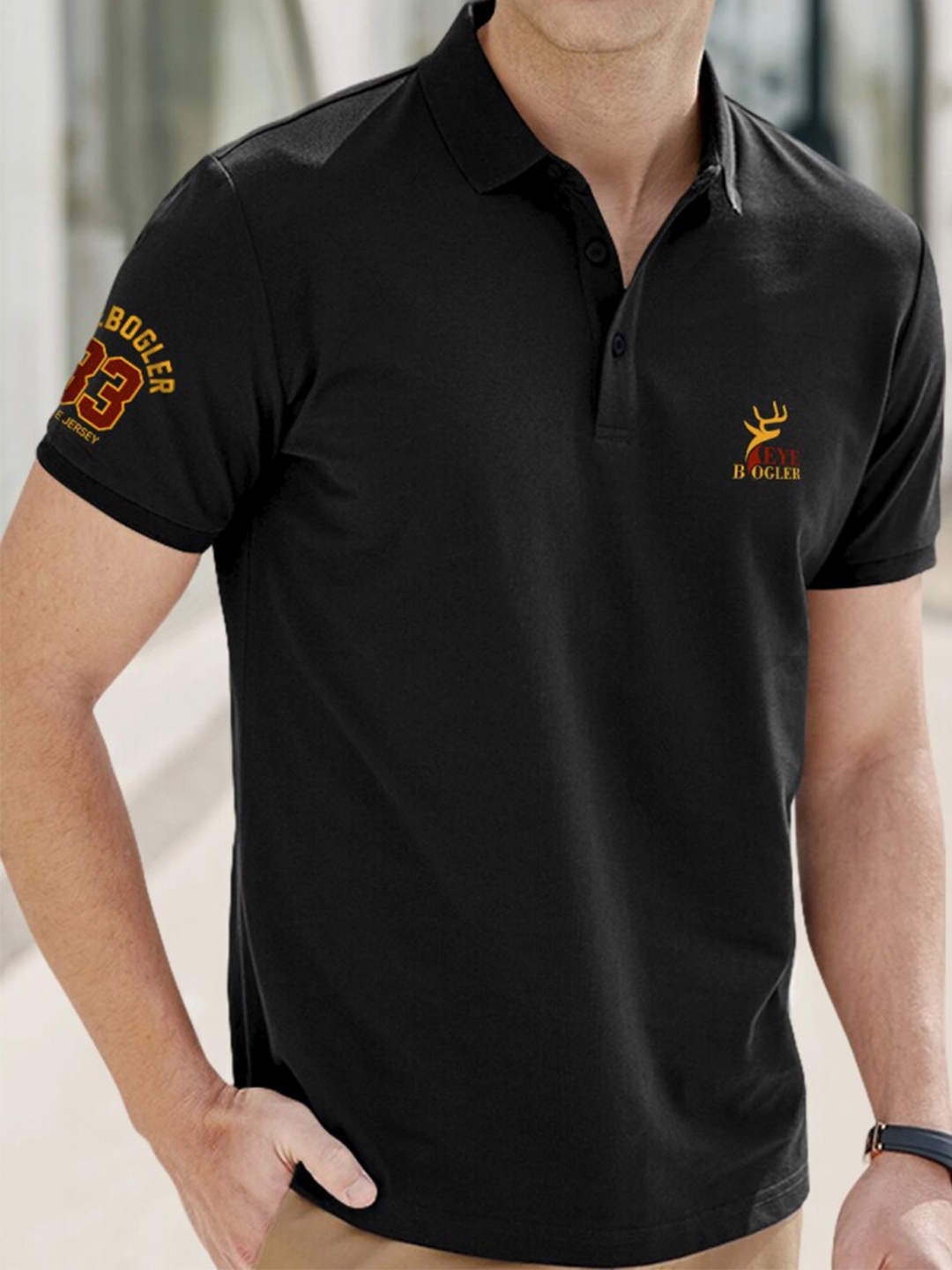 

Eyebogler Typography Printed Polo Collar Cotton T-shirt, Black