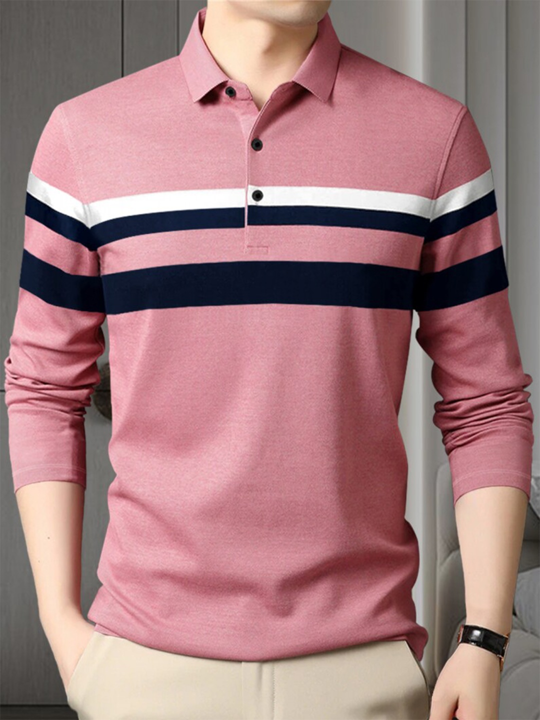 

Eyebogler Striped Full Sleeve Cotton Polo T-shirt, Pink