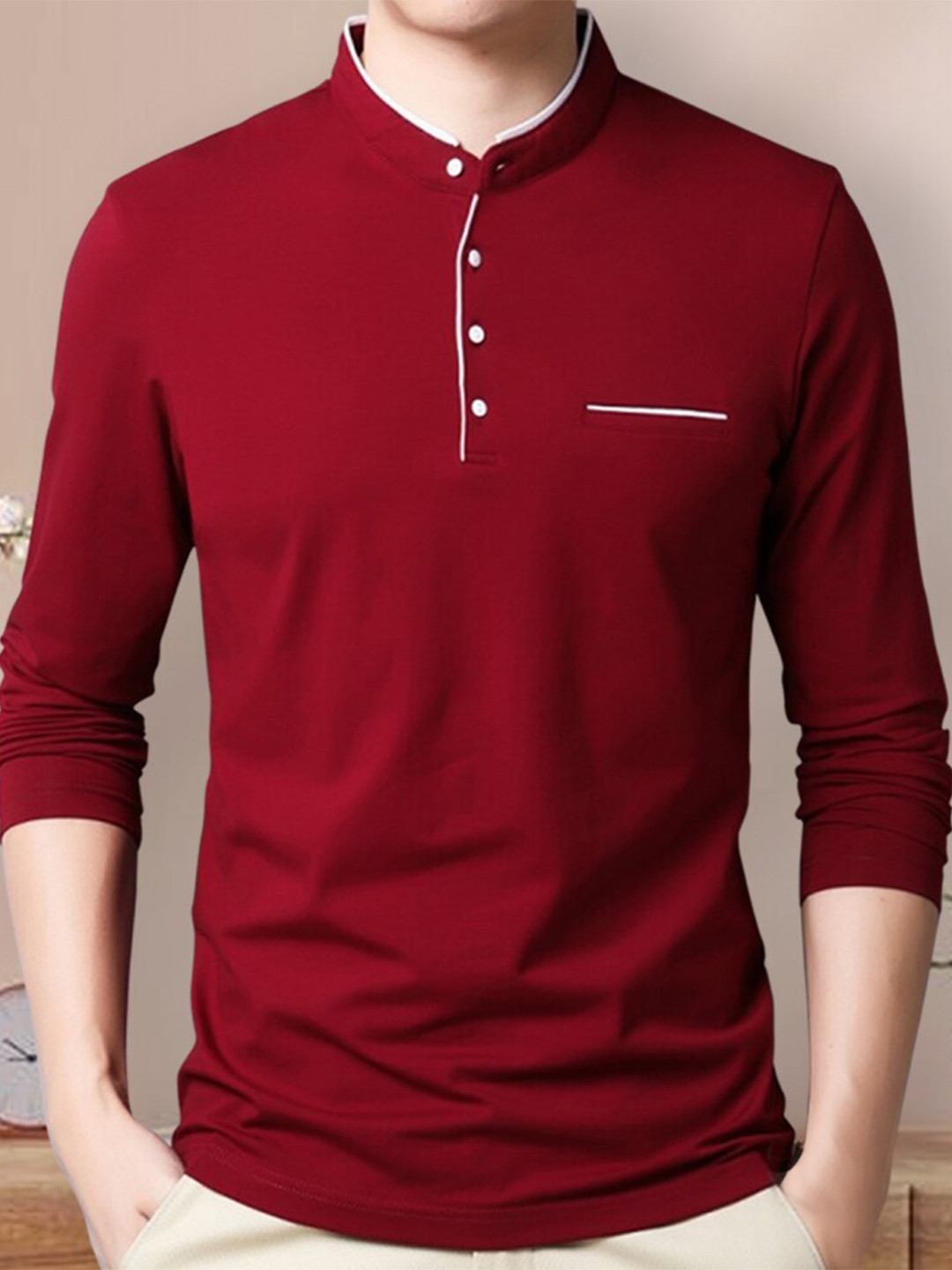 

Eyebogler Mandarin Collar Long Sleeve Cotton T-shirt, Red