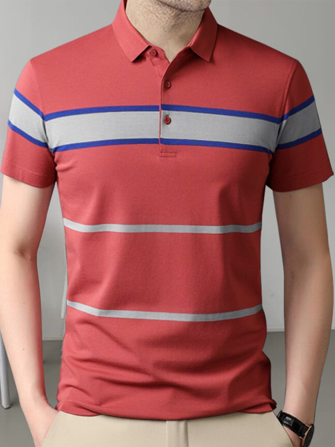 

Eyebogler Striped Polo Collar Cotton T-shirt, Pink