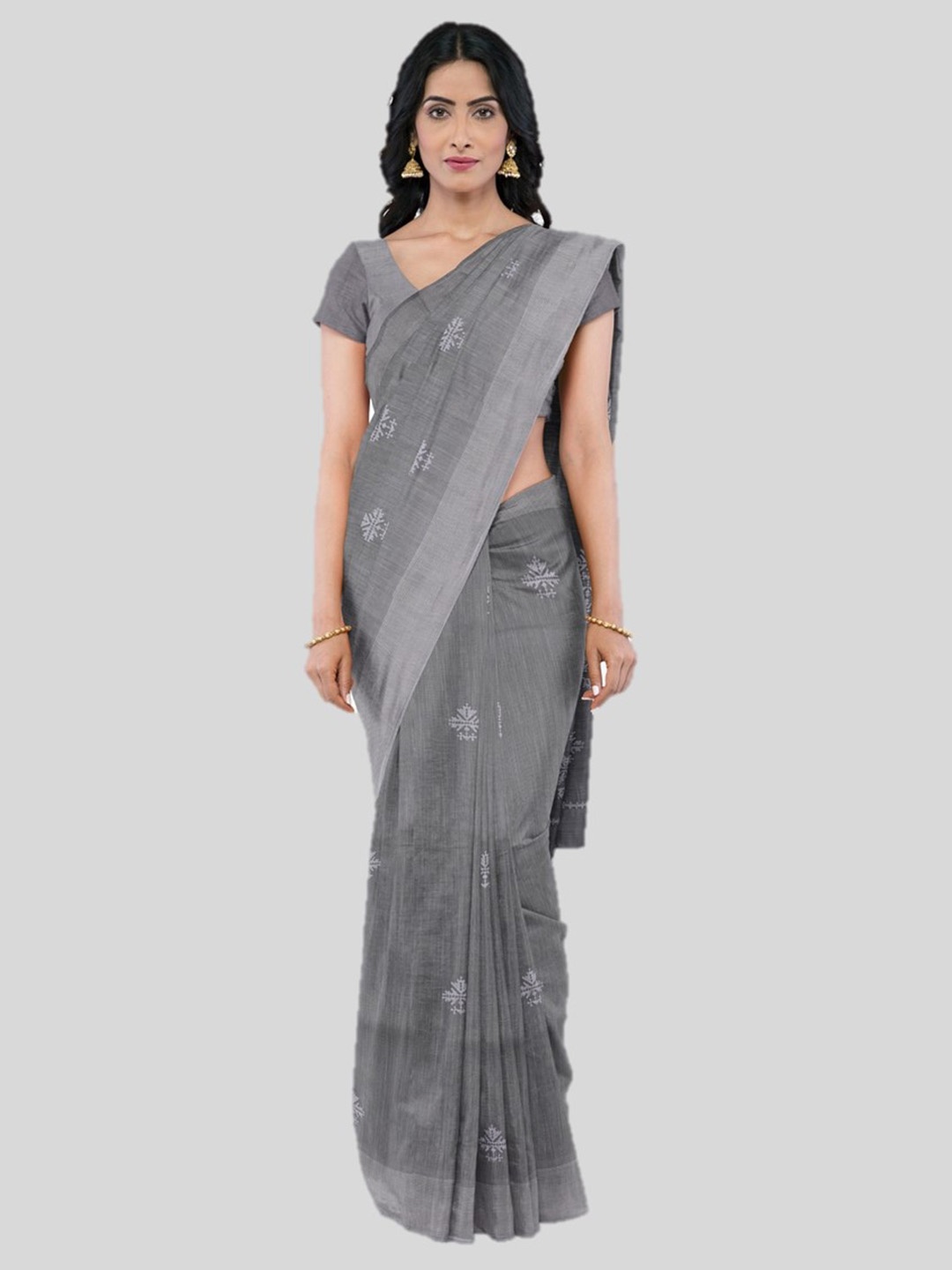 

KAJREE Ethnic Motifs Embroidered Pure Linen Bhagalpuri Saree, Grey