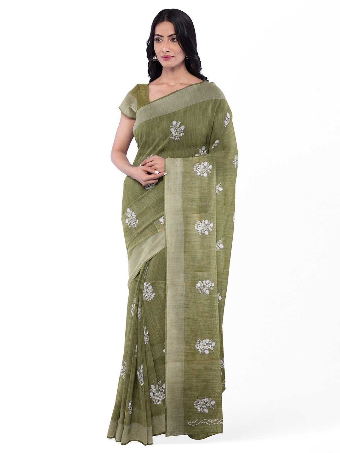 

KAJREE Floral Embroidered Zari Pure Linen Bhagalpuri Saree, Olive