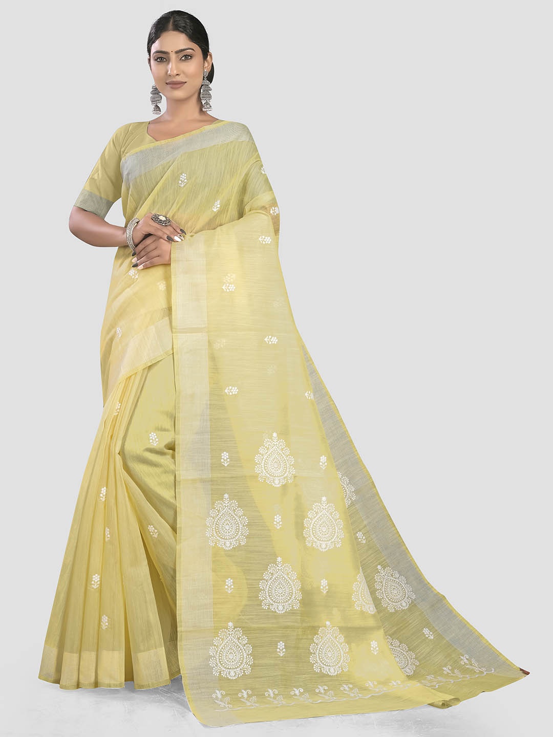 

KAJREE Floral Embroidered Pure Linen Bhagalpuri Saree, Yellow